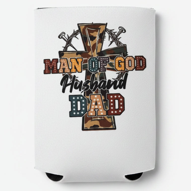Koozie with 'Man of God Husband Dad' text and cross design on a wooden surface