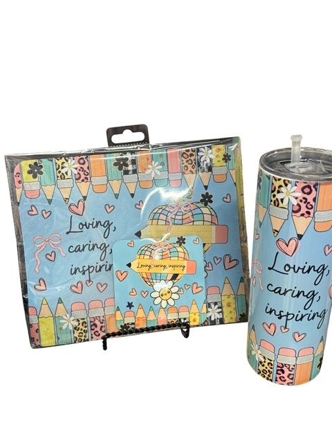 Mouse Pad, Coaster & 20 oz Tumbler Set, Patchwork Apple & Pencils Love Care Inspire