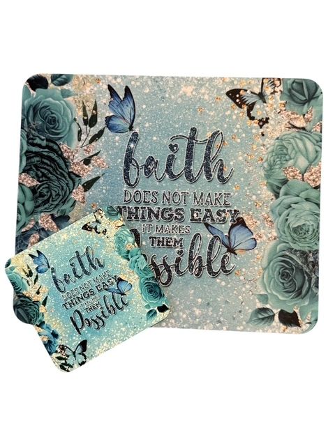 Mouse Pad & Coaster Set, Faith Makes Things Possible Teal Butterflies