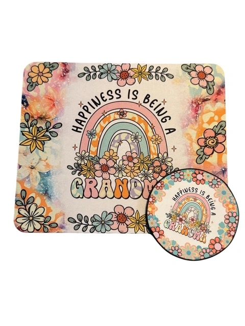 Mouse Pad & Coaster Set, Happiness is Being Grandma Retro Floral