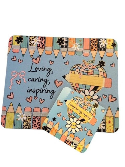 Mouse Pad & Coaster Set, Patchwork Apple Pencil Border blue background
