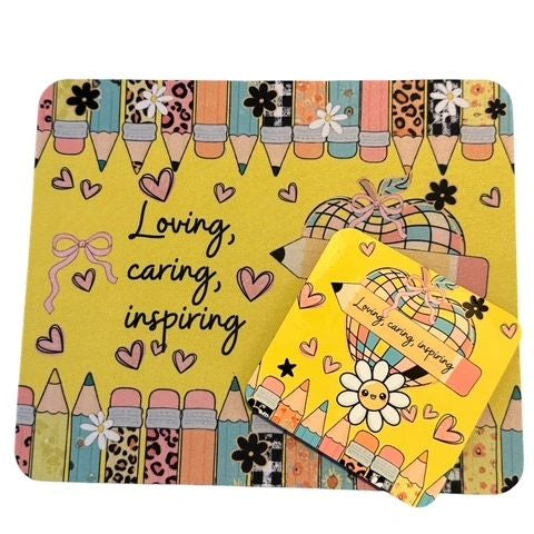 Mouse Pad & Coaster Set, Patchwork Apple Pencil Border yellow background