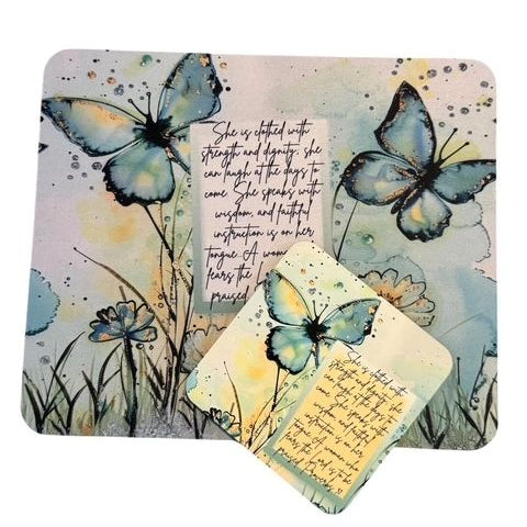 Mouse Pad & Coaster Set, Proverbs 31 Teal Butterflies