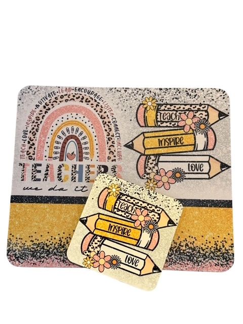Mouse Pad & Coaster Set, Teach Inspire Love Pencils & Rainbow