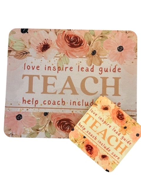 Mouse Pad & Coaster Set, TEACH Lg. Pink Peonies & Roses