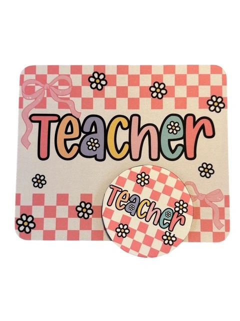 Mouse Pad & Coaster Set, Teacher Bright Pink Checkerboard w/ Daisies