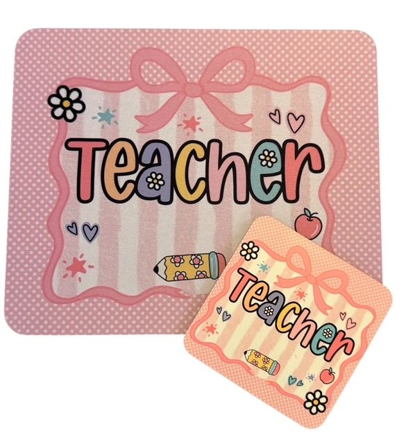 Mouse Pad & Coaster Set, Teacher Tiny Polka Dot Pink Frame