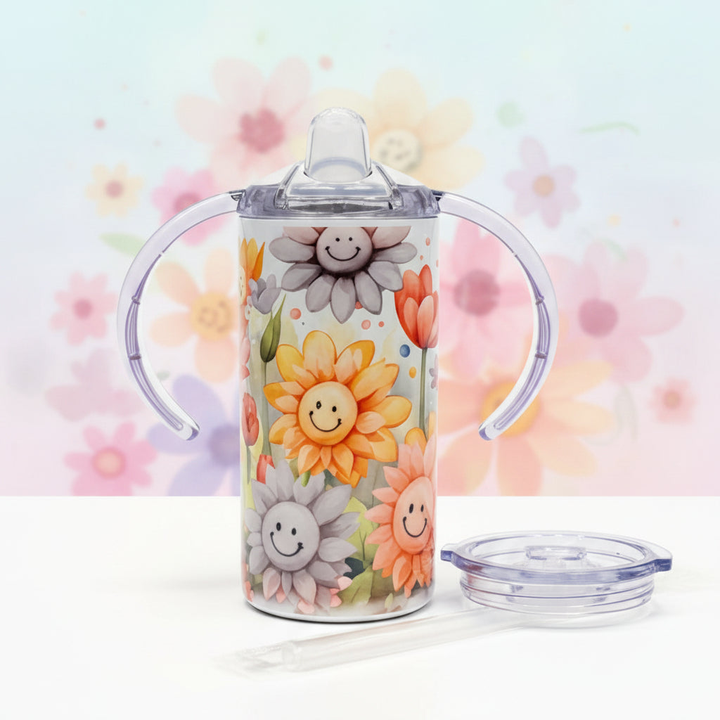 Smiley Flowers 12 oz. Stainless Steel Sippy Cup/Toddler Cup set