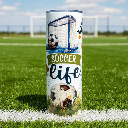 Tumbler with soccer-themed design on a countertop