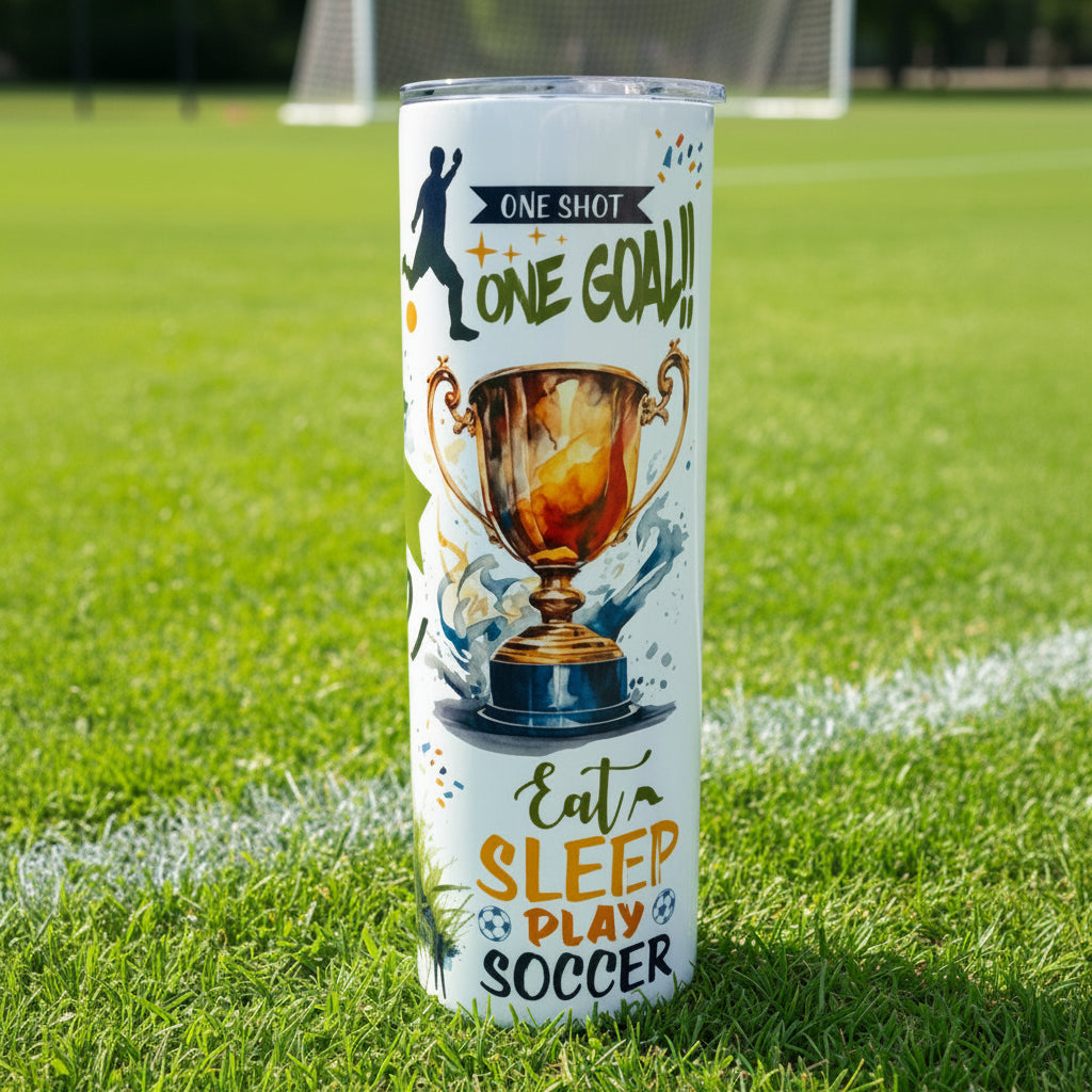 Tumbler with soccer-themed design featuring a trophy and text on a wooden background