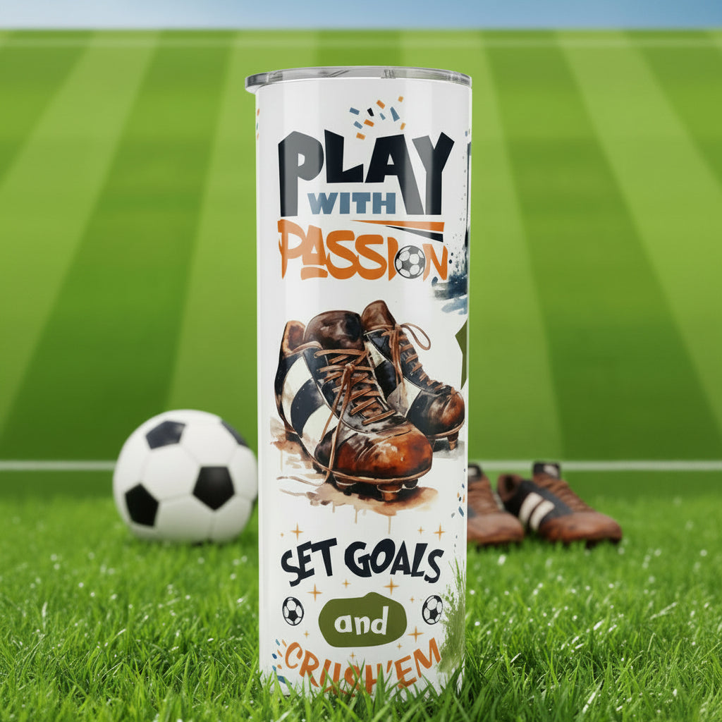 Tumbler with motivational quote and sports-themed design on a countertop.