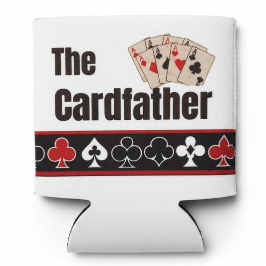 Koozie with 'The Cardfather' design featuring playing cards and suits in packaging.