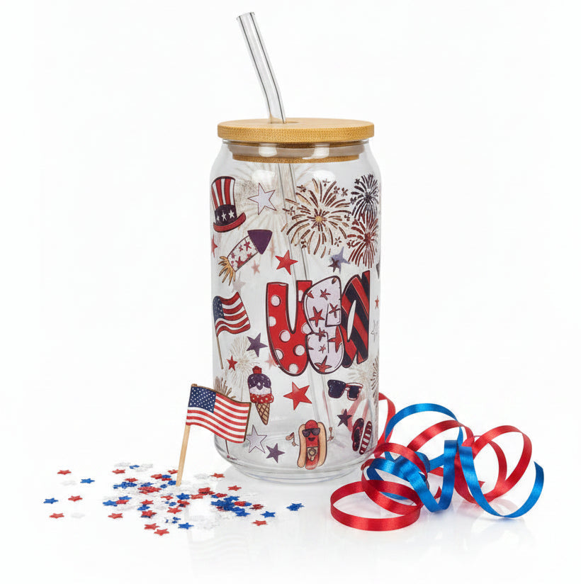 Tumbler with patriotic design on a granite countertop