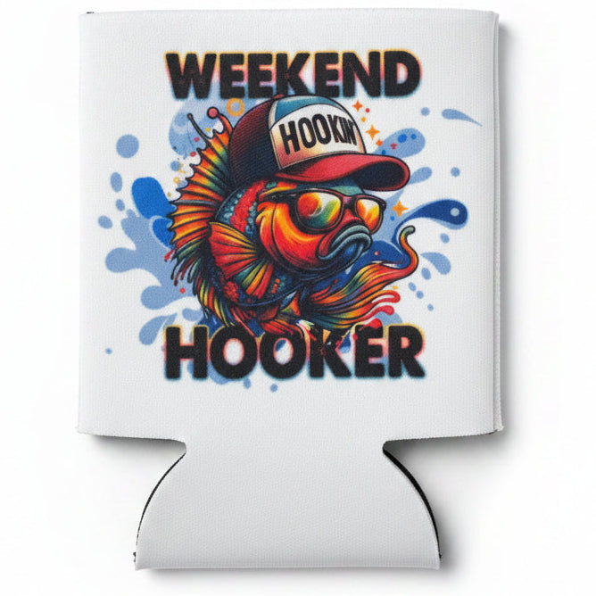 Coozie with fish graphic and 'Weekend Hooker' text on a wooden surface